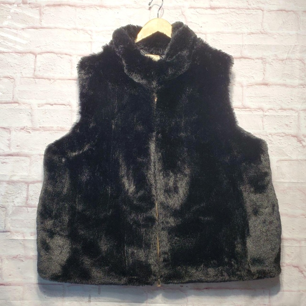 Elie Tahari Faux Fur Vest Womens 1X Black Puffer Zip Up Cozy Classic Elegant Ski